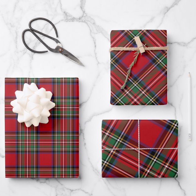 Tartan Clan Stewart Plaid Black Red Family Rustic Wrapping Paper Sheets (Front)