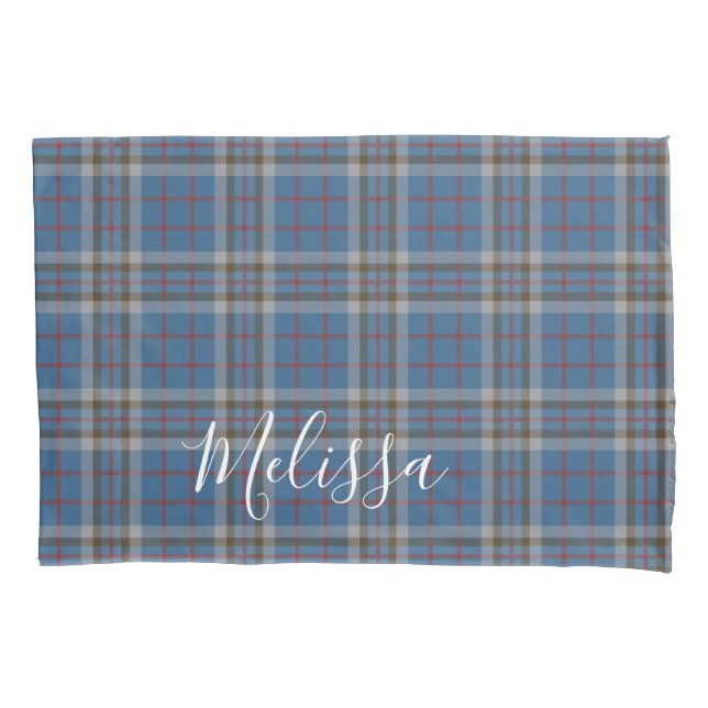 Tartan Clan Thompson Plaid Blue Grey Check Pillow Case (Front-Left)