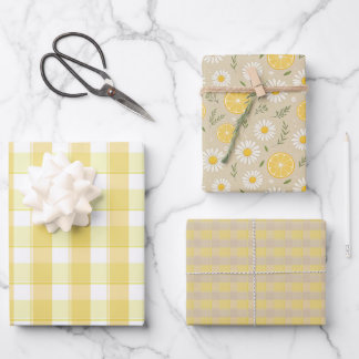 Tartan daisy lemon yellow beige set wrapping paper
