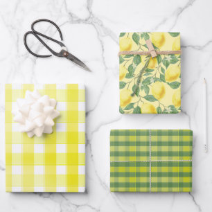 Tartan daisy lemon yellow green set wrapping paper