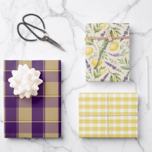 Tartan daisy lemon yellow purple wrapping paper