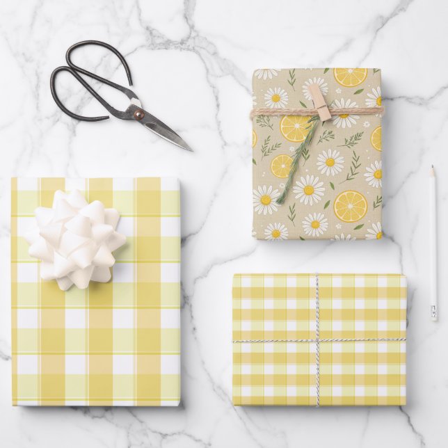 Tartan daisy lemon yellow set wrapping paper (Front)