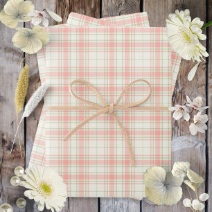 Tartan -Deep Pink-Sage Green-Extra Light Ivory Wrapping Paper Sheets