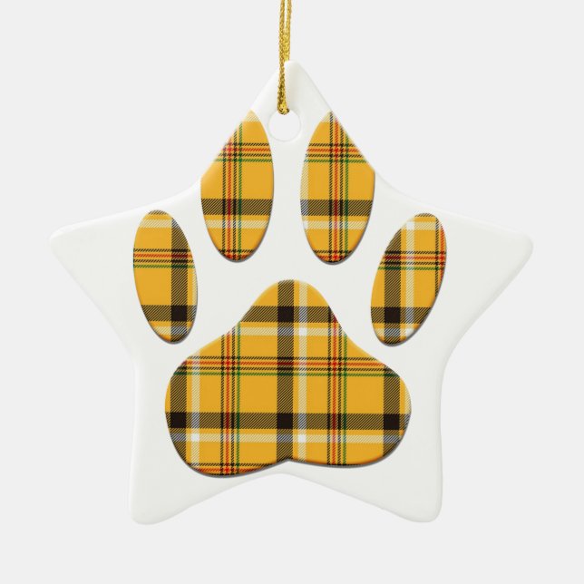 Tartan Dog Paw Print Ceramic Ornament (Front)