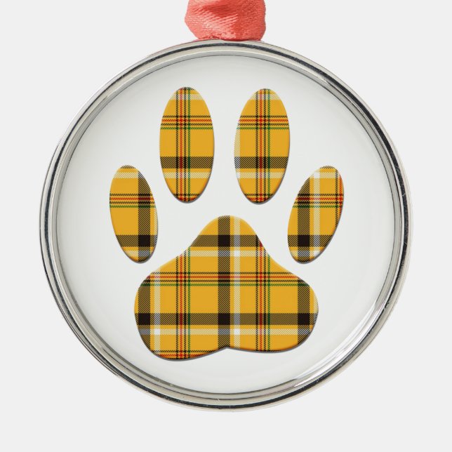 Tartan Dog Paw Print Metal Ornament (Front)