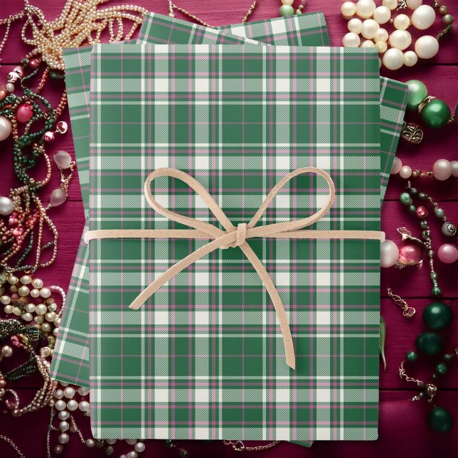 Tartan - Emerald Green-Ivory-Rose Pink Wrapping Paper Sheets (Tartan - Emerald Green-Ivory-Rose Pink Wrapping Paper Sheets by Leapfroglisics Shop)