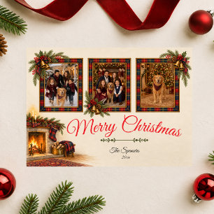 Tartan Fireplace Christmas Family Photo Collage Holiday Card