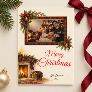 Tartan Fireplace Merry Christmas Couple Portrait Holiday Card