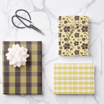 Tartan flower yellow brown set wrapping paper