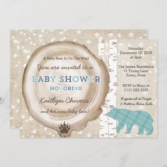 Tartan Forest with bear Winter Baby Shower for Boy Invitation (Front/Back)