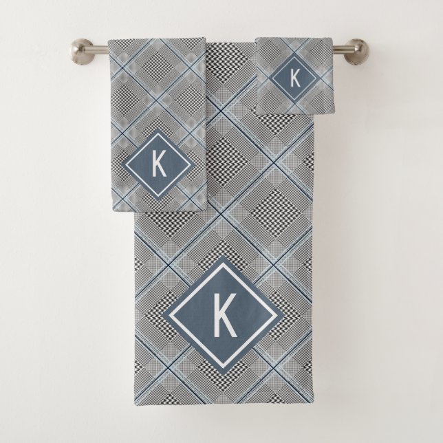 Tartan Gray Blue White, Monogrammed Bath Towel Set (Insitu)