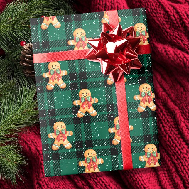 Tartan Green Black Gingerbread Snowfall Christmas Wrapping Paper (Tartan Green Black Gingerbread Snowfall Christmas Wrapping Paper)