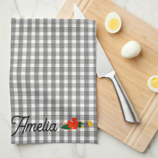 Tartan grey simple wildflower pattern  name kitchen towel