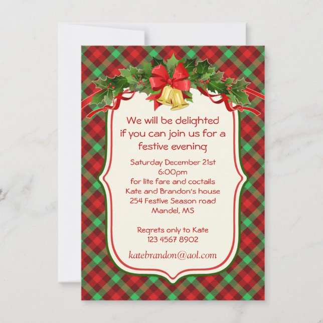Tartan holly bells Christmas party Invitation (Front)