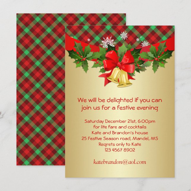 Tartan holly bells Christmas party Invitation (Front/Back)
