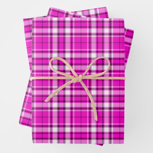 Tartan _ Hot Pink_White_Black Wrapping Paper Sheets