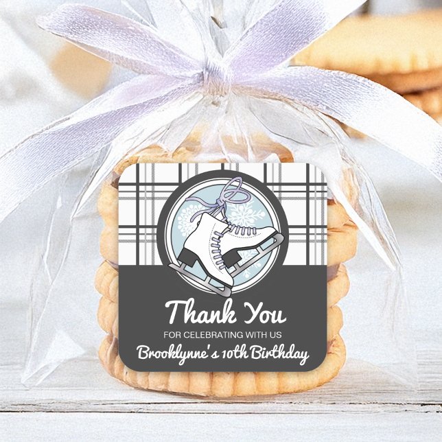 Tartan Ice Skating Kids Birthday Party Favor Square Sticker (Creator Uploaded)