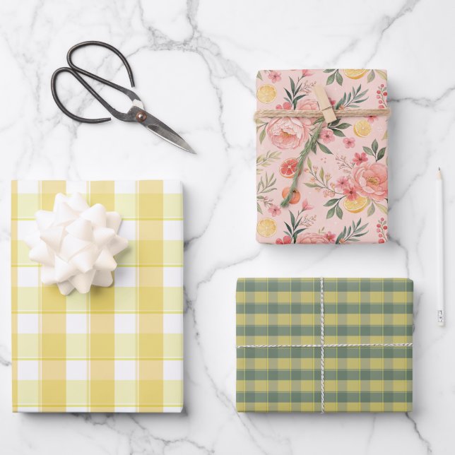 Tartan lemon yellow peach green set wrapping paper (Front)