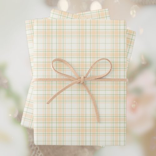 Tartan _Light Orange_Sage Green_Extra Light Ivory Wrapping Paper Sheets