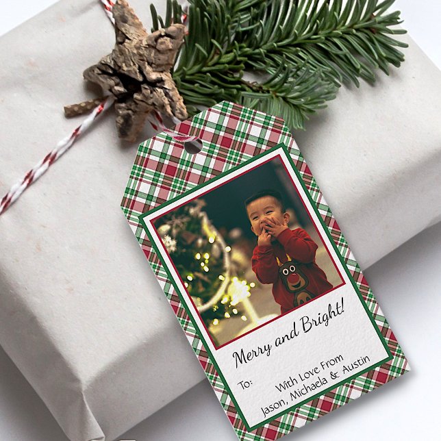 Tartan or Plaid To: Merry & Bright Photo Christmas Gift Tags (In Situ on Package)