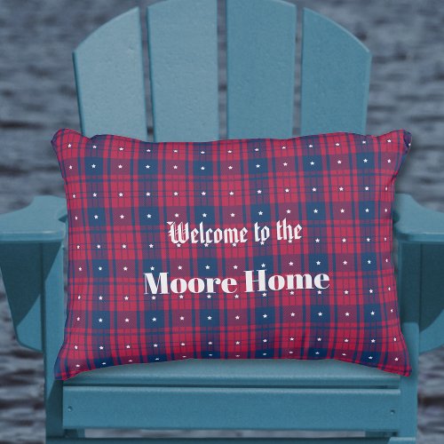 Tartan _ Patriotic _ Red Blue White Stars Accent Outdoor Pillow