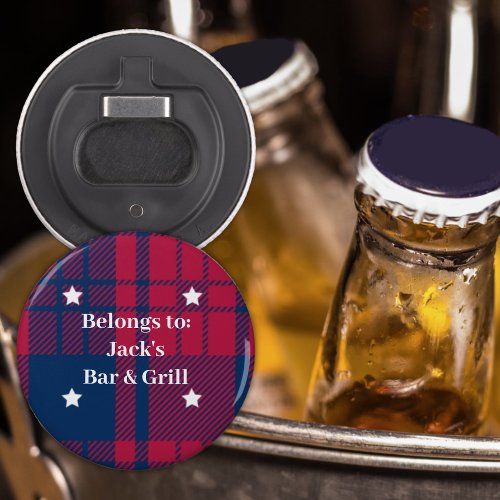 Tartan _ Patriotic _ Red Blue White Stars Button Bottle Opener