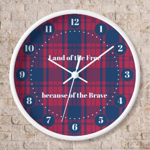 Tartan - Patriotic - Red Blue White Stars Clock