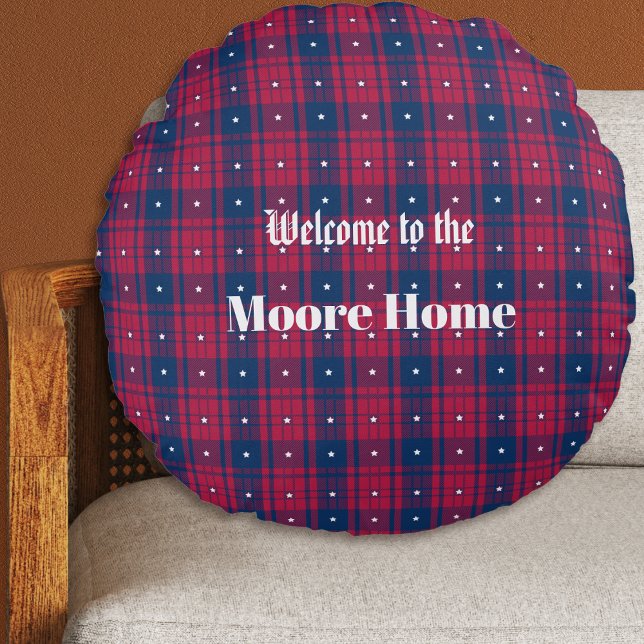 Tartan - Patriotic - Red Blue White Stars Round Pillow (Tartan Plaid - Patriotic - Red Blue White Stars Round Pillow by Leapfroglisics Shop)
