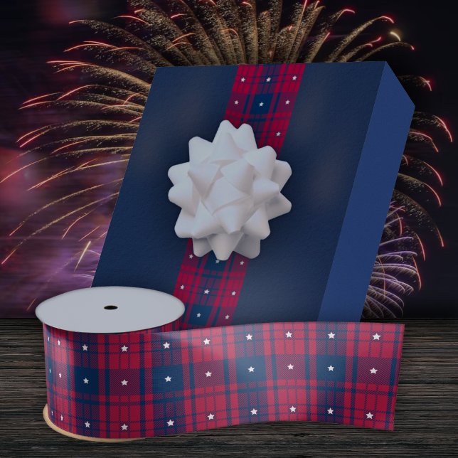 Tartan - Patriotic - Red Blue White Stars Satin Ribbon (Creator Uploaded)