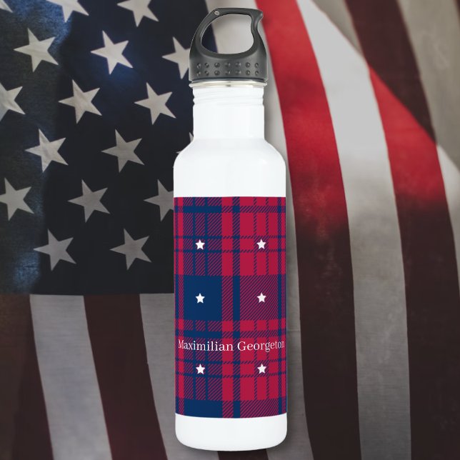 Tartan - Patriotic - Red Blue White Stars Stainless Steel Water Bottle (Tartan - Patriotic - Red Blue White Stars Stainless Steel Water Bottle by Leapfroglisics Shop)