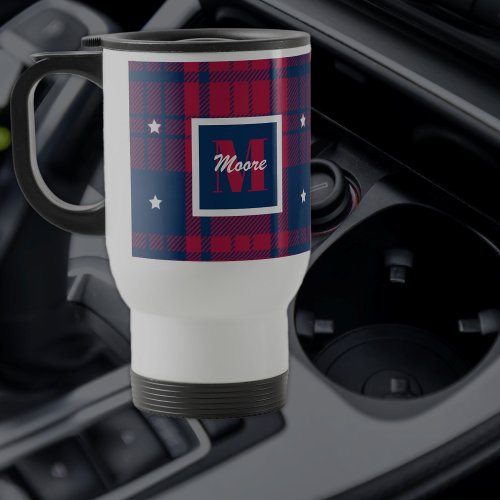 Tartan _ Patriotic _ Red Blue White Stars Travel Mug