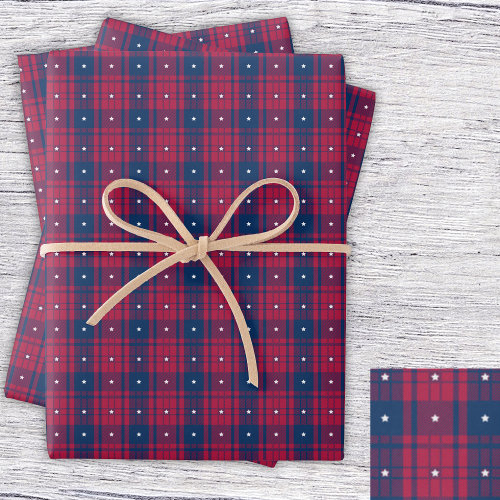 Tartan - Patriotic - Red Blue White Stars Wrapping Paper Sheets