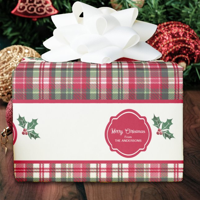 Tartan pattern and holly personalized christmas  wrapping paper (Creator Uploaded)