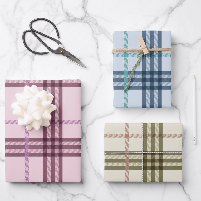 Tartan Pattern Blue Pink Green Christmas Gift Wrapping Paper Sheets (Front)