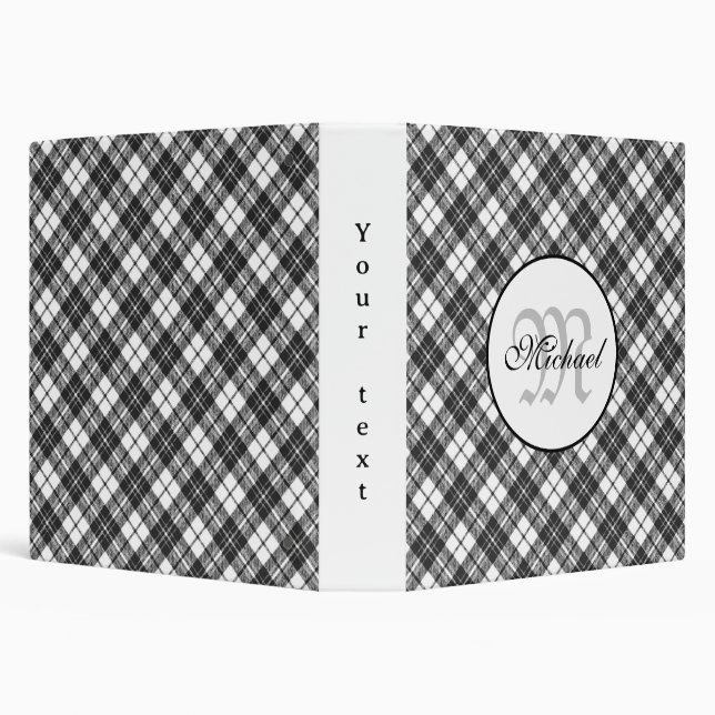 Tartan pattern Christmas black white Monogram 3 Ring Binder (Background)