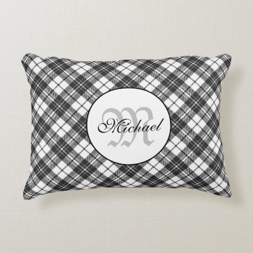 Tartan pattern Christmas black white Monogram Accent Pillow