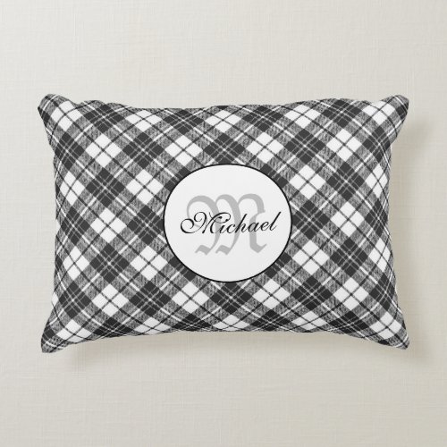 Tartan pattern Christmas black white Monogram Accent Pillow