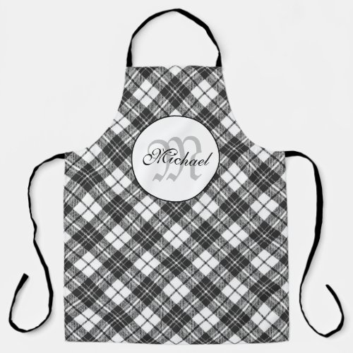 Tartan pattern Christmas black white Monogram Apron