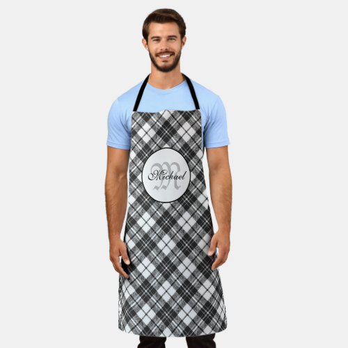 Tartan pattern Christmas black white Monogram Apron