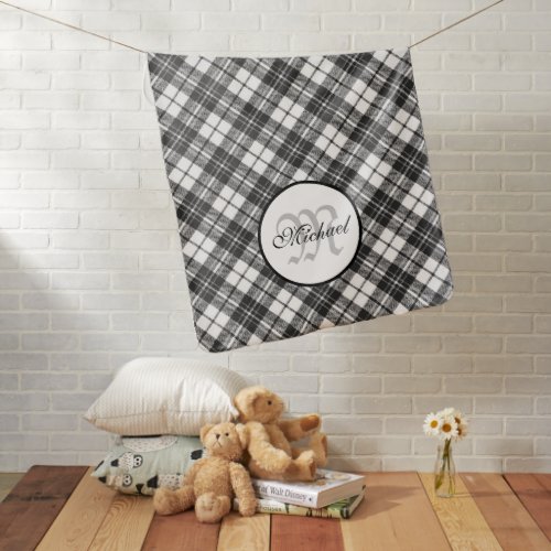 Tartan pattern Christmas black white Monogram Baby Blanket