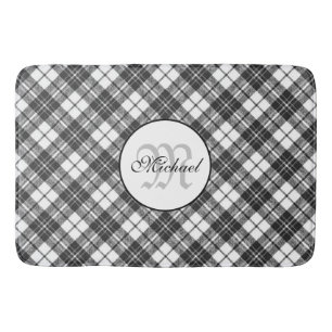 Tartan pattern Christmas black white Monogram Bath Mat