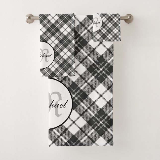 Tartan pattern Christmas black white Monogram Bath Towel Set (Insitu)