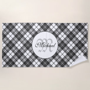 Tartan pattern Christmas black white Monogram Beach Towel