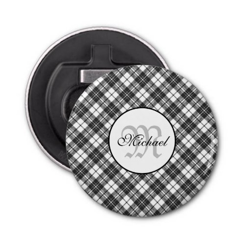 Tartan pattern Christmas black white Monogram Bottle Opener