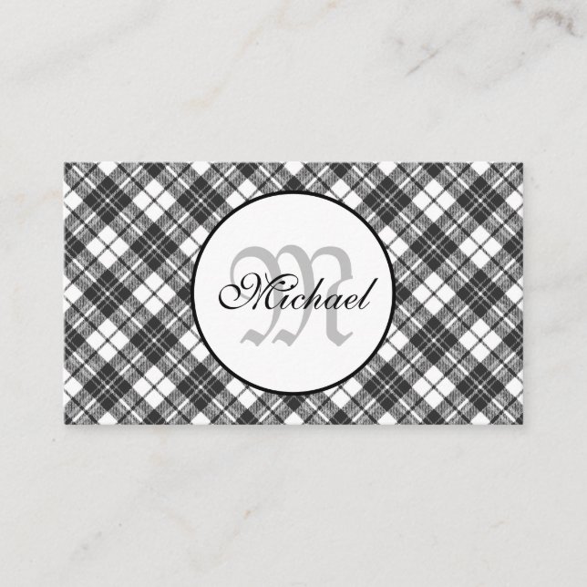 Tartan pattern Christmas black white Monogram Business Card (Front)