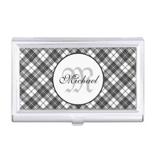 Tartan pattern Christmas black white Monogram Business Card Case
