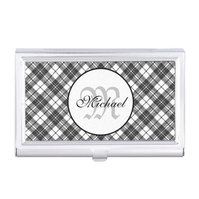 Tartan pattern Christmas black white Monogram Business Card Case (Front)