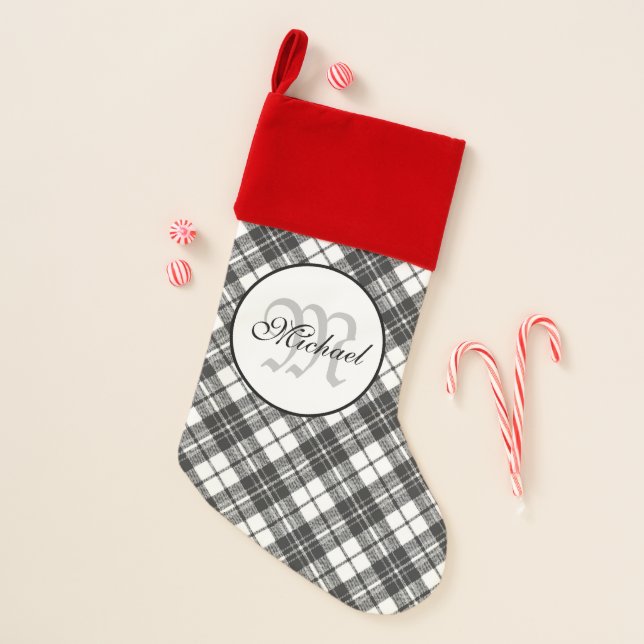 Tartan pattern Christmas black white Monogram Christmas Stocking (Front)