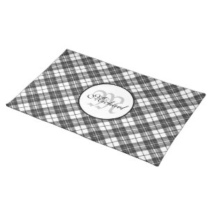 Tartan pattern Christmas black white Monogram Cloth Placemat