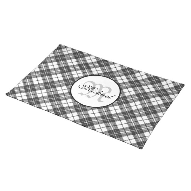 Tartan pattern Christmas black white Monogram Cloth Placemat (On Table)